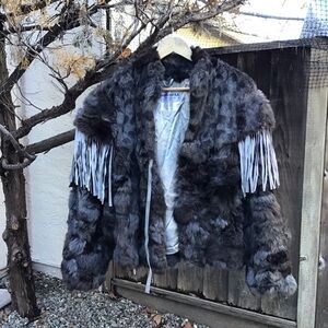 Vintage Split End Ltd Rabbit Fur Fringe Vest Gray Brown Patchwork Western